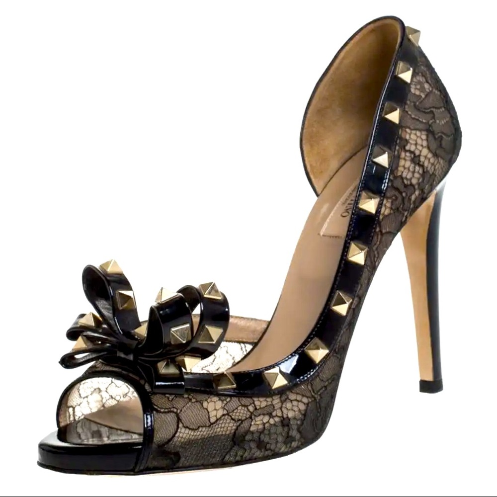Valentino Rockstud Patent Lace D’orsay Peep Bow